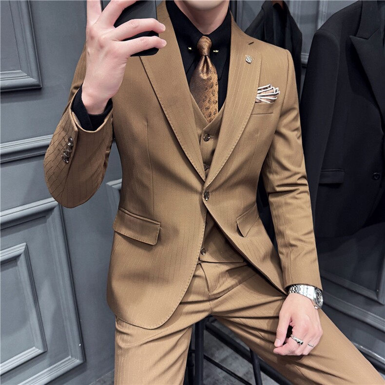 高品质~色织暗条纹平驳领一粒扣西服三件套藏青色SJT8062-P285,男装西服,电商A213