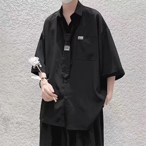 短袖衬衫男ins夏季薄款五分袖衬衣外套宽松潮牌港风上衣潮流百搭