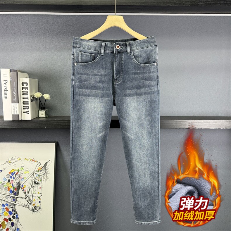 加绒加厚高品质日系潮男牛仔裤男弹力修身直筒小脚休闲裤8608-P60图片