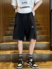 牛仔短裤男夏季条纹毛边破洞水洗直筒裤子美式高街vibe休闲五分裤，男装牛仔裤，星座601-2
