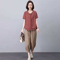 纯棉短袖衬衫女2025夏季新款中年妈妈装格子休闲宽松翻领洋气上衣，女装套装/套裙，忆绮罗