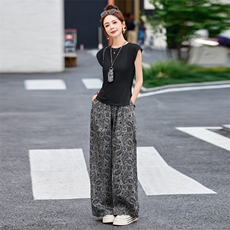 三件套2025夏季新款韩版宽松百搭T恤松紧腰提花阔腿裤女显瘦长裤，女装套装/套裙，江南女神