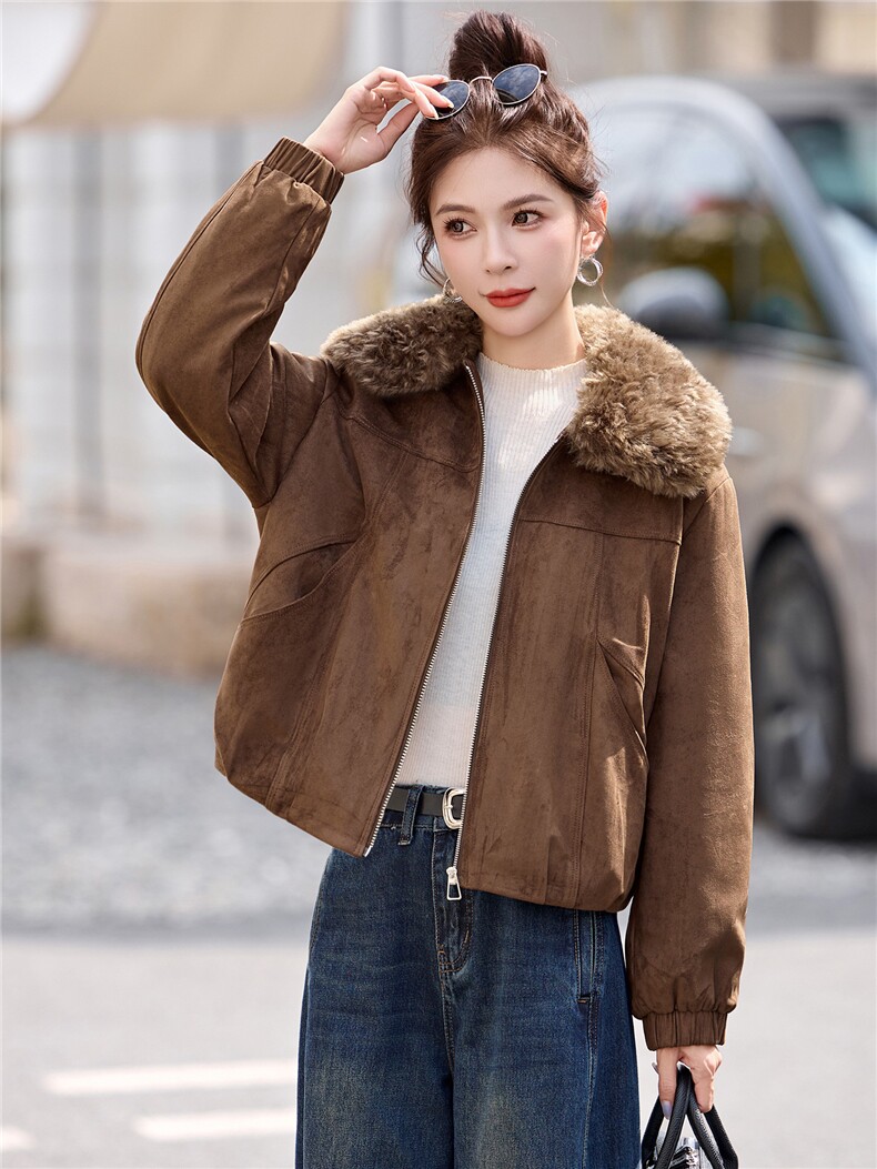 毛绒翻领加绒加厚鹿皮绒外套女2025秋冬新款洋气时尚百搭棉服上衣,女装棉衣/棉服,悦祺