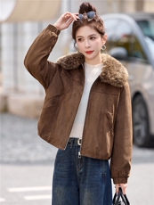毛绒翻领加绒加厚鹿皮绒外套女2025秋冬新款洋气时尚百搭棉服上衣，女装棉衣/棉服，悦祺