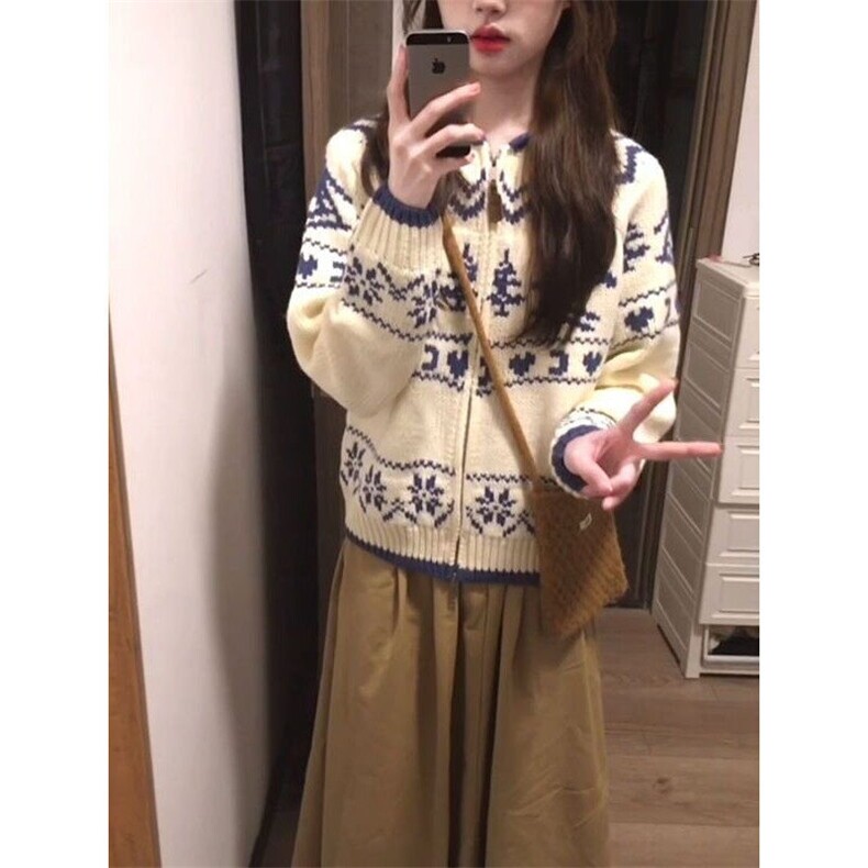 韩版圣诞氛围感费尔岛提花开衫毛衣女冬季减龄外穿针织衫M3303,男装针织衫/毛衣,星座1116A（原606A-3）