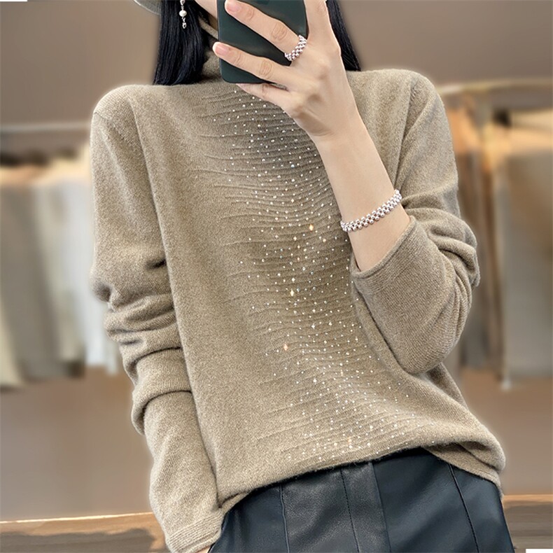 秋冬新款烫钻衫女式堆堆领套头打底毛衣宽松慵懒羊毛衫超软糯,针织衫/毛衣,唯若美羊绒