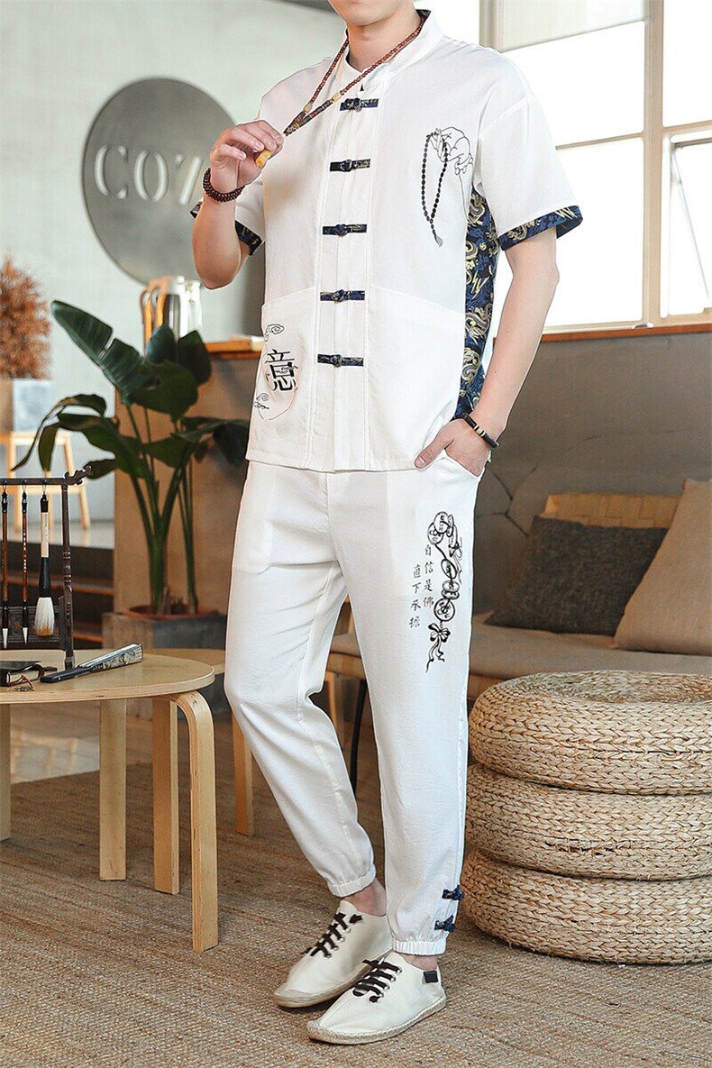 夏季套装风男刺绣棉麻复古宽松大码汉服,男装休闲套装,星座1206（原A206）