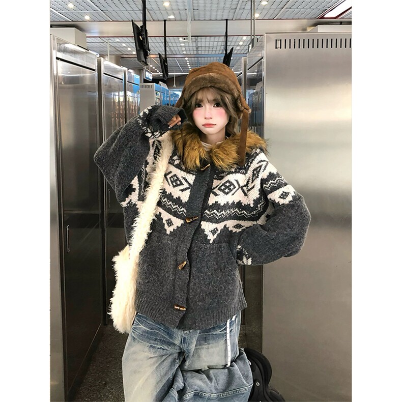 网图有货 费尔岛针织毛领提花毛衣外套男女宽松百搭上衣A1120-P78图片