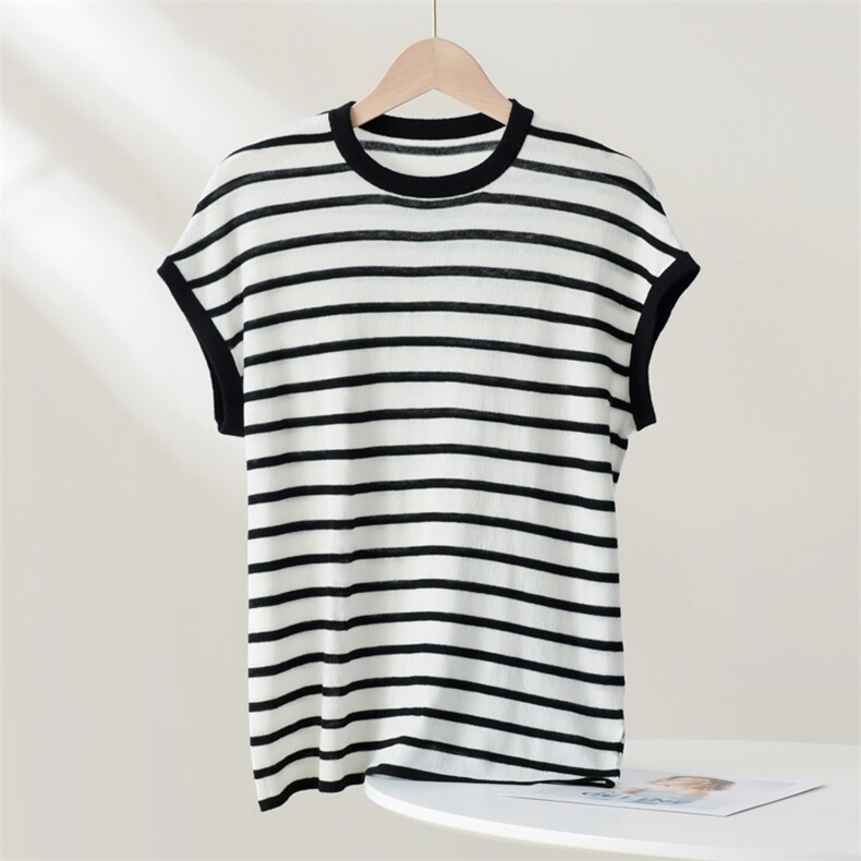 初夏正肩设计感女士打底衫宽松上衣黑白条纹圆领短袖t恤，女装T恤，忠诺羊绒