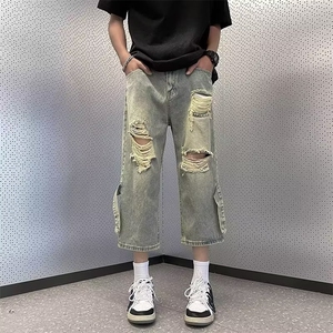 破洞牛仔裤男夏季美式高街vibe裤子潮牌嘻哈七分裤青少年休闲短裤图片