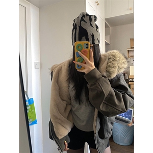 现货重磅boxy短款棉衣座山雕大毛毛领男女棉服水洗工装厚外套图片