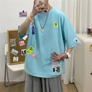 主推款夏季短袖t男潮流港风贴标重磅t恤衫A210-A8363-P35控58图片