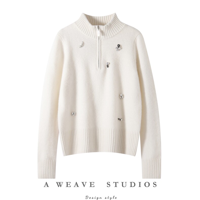 2025舒适百搭秋冬新款加厚半拉链带钻半高领羊绒衫，女装羊绒衫，朵暖羊绒