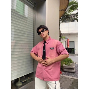新款水洗复古领带渐变做旧短袖衬衫男女同款宽松衬衣GA154-P55图片