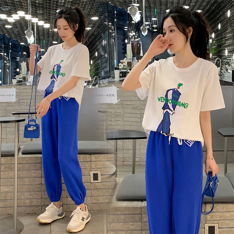 2022夏季时尚运动套装女宽松休闲白搭两件套短袖T恤薄款夏季卫裤图片