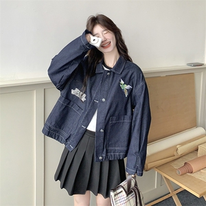 藏青色刺绣牛仔外套女春秋2025新款学院风小个子短款百搭翻领上衣图片