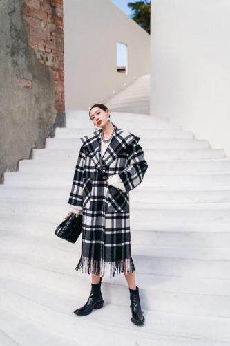 冬季新款黑白大格纹流苏双面呢大衣，女装，AUDREY WANG