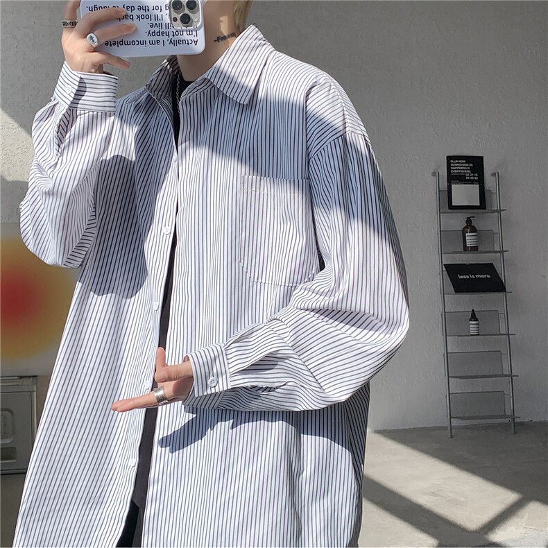 春夏条纹衬衫男长袖薄款痞帅高级感宽松慵懒风大码衬衣CS29003P45,男装衬衫,电商B312