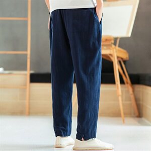 秋季新款男装 棉麻风盘扣提花宽松休闲裤小脚裤藏青图片