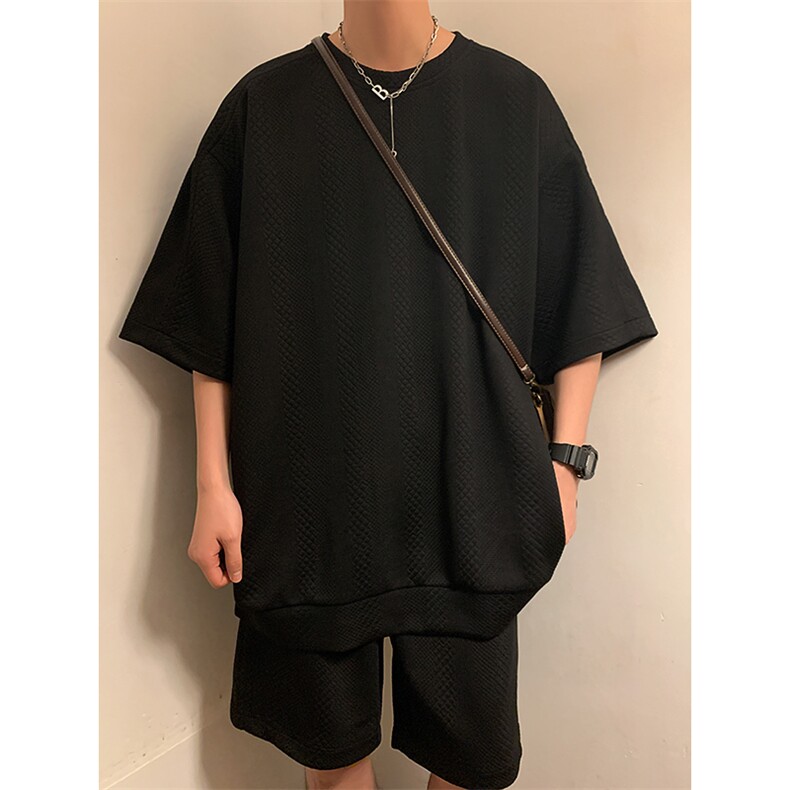 TZ83132/P65夏季新款提花短袖短裤t恤休闲宽松大码两件套套装男图片