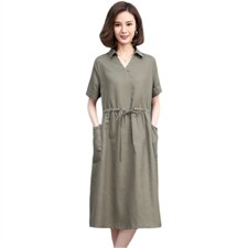 夏季棉麻中长连衣裙V领宽松显瘦系带真口袋咖啡中年妈妈大码裙子图片