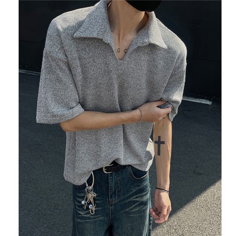 26美式老钱风麦穗v领短袖T恤衫翻领polo衫男H1071特P38,男装T恤,电商A341