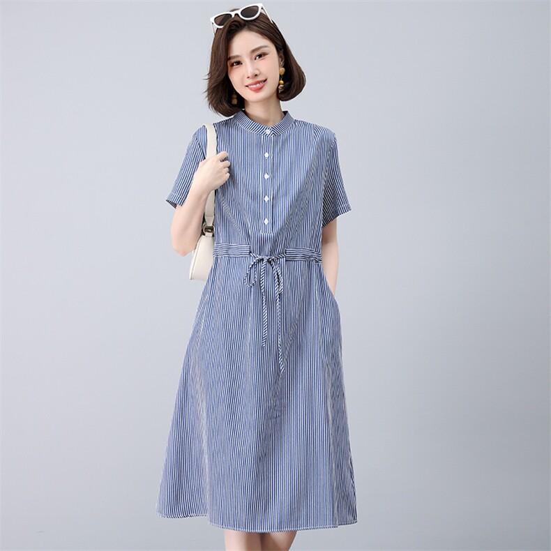 中年妈妈条纹连衣裙女2025夏季新款宽松休闲显瘦减龄气质衬衫裙子,女装连衣裙,江忆布依