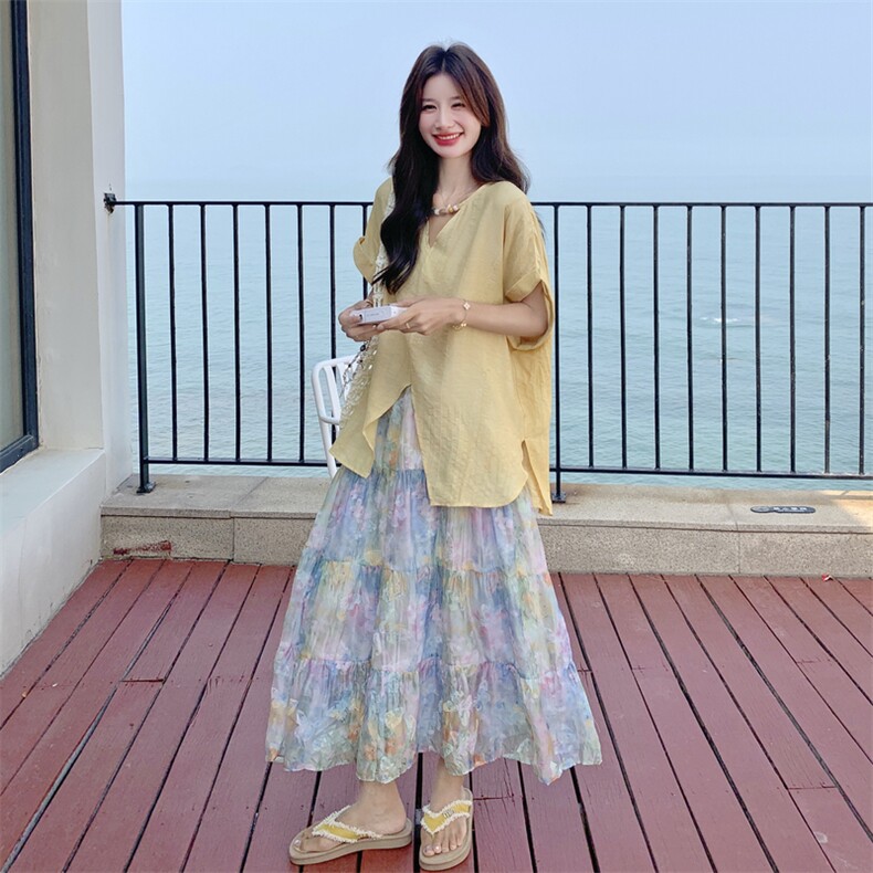 慵懒风宽松短袖套装女2025夏季新款法式上衣仙女碎花半身裙两件套,女装套装/套裙,2C115