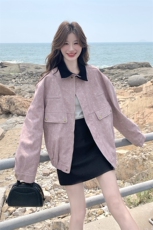 休闲撞色翻领皮粉色短外套女春秋2025新款小个子多巴胺甜美巨好看，女装短外套，2C198