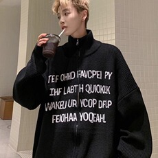 美式潮牌高街字母印花立领开衫毛衣Cleanfit慵懒风软糯针织衫外套，男装针织衫/毛衣，星座715-4
