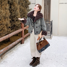 （新款现货）2025冬时尚羊羔毛大翻领牛仔夹棉外套（毛领可脱卸），女装牛仔外套，印象茜