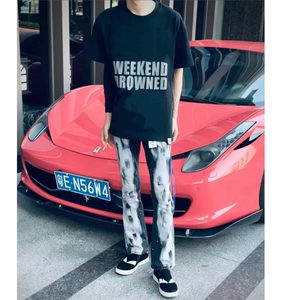 新款文艺简约潮流原宿百搭流行时尚日系弹力泼墨微喇牛仔裤图片