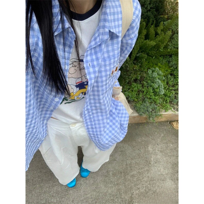 新款! 设计高级感蓝色格子衬衫男女春夏季宽松外搭衬衣 C2273图片