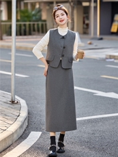 时尚马甲打底衫半身裙套装女2026春新款含羊毛通勤气质穿搭三件套，女装套装/套裙，流量+