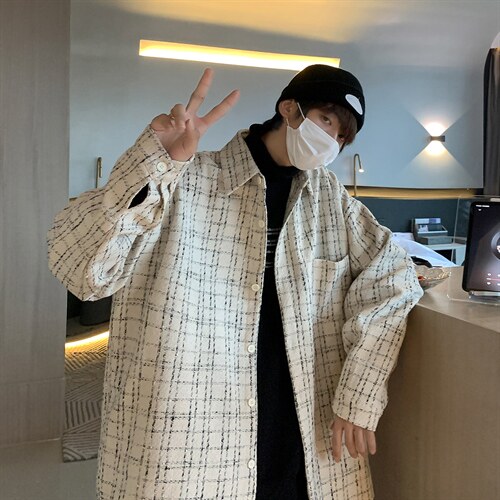 加厚格子衬衫男士潮流宽松高街潮牌秋季呢料休闲衬衣外套DX129P60图片