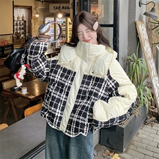 时尚黑白格子拼接连帽加厚短款羽绒服女2024冬新款学院风显瘦外套，女装羽绒服，橙子家