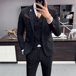 秋冬新款条纹西服套装男三件套西装修身刺绣小西装A470-TZ19图片