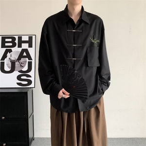 成毅同款新风新中式翠竹刺绣金属飞机扣宽松慵懒衬衫男女外套图片