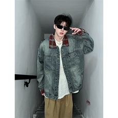 现货2000件牛仔外套复古撞色翻领休闲牛仔夹克拼接外套，男装工装外套，星座301D-2(原星座1004-1）