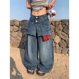 假两件设计感格子拼接牛仔裤女2025新款美式复古宽松阔腿弯刀裤子图片