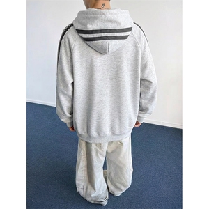 高品质春装新款 男女美式高街宽松纯色拼接织带撞色连帽卫衣FM18图片