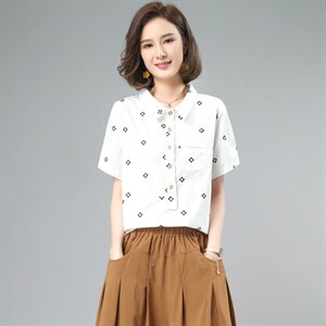 2024年夏装新款纯棉套头衬衫女短袖韩版宽松显瘦时尚减龄刺绣上衣图片