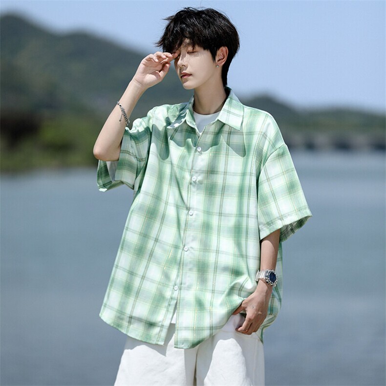 8XL-M格子短袖衬衫男夏季薄款DK制服衬衣JK学院风半袖外套DC28004,男装衬衫,电商B312