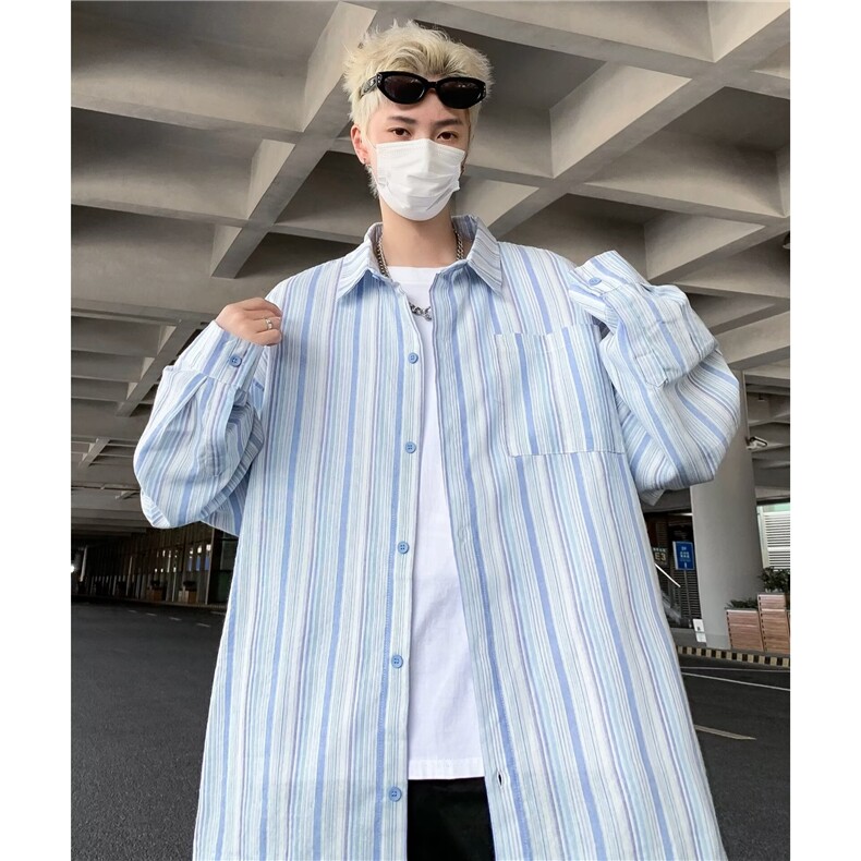 日系复古设计感条纹长袖衬衫男女春秋小众港风休闲衬衣潮C152/P40图片
