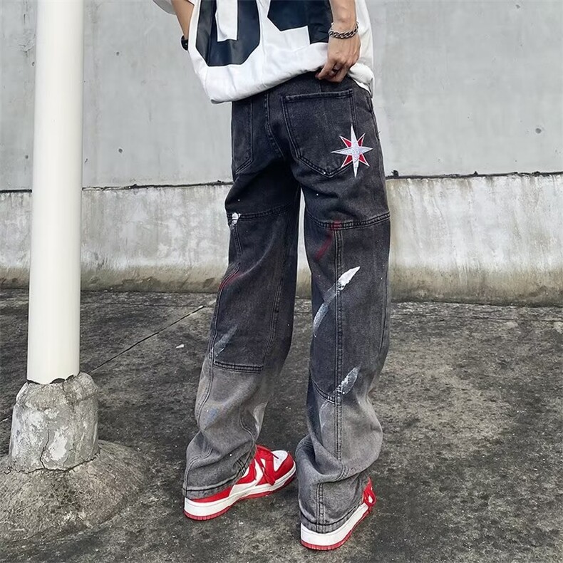 秋嘻哈美式复古高街泼墨宽松直筒休闲牛仔裤长裤裤子男AMX120P40,男装牛仔裤,星座1013-5