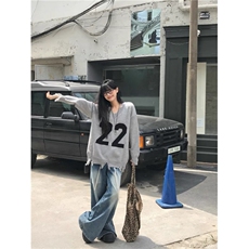 MM104-P68秋冬运动风撞色字母v领破边宽松百搭毛衣女气质毛针织衫，男装针织衫/毛衣，星座617A-2