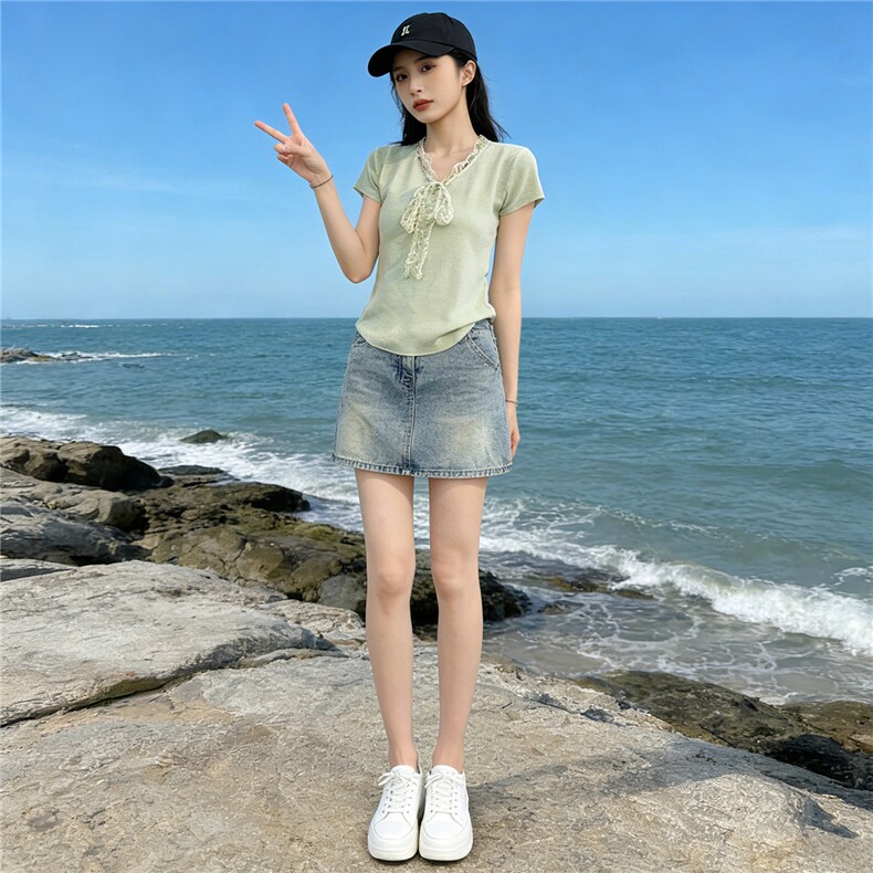 气质温柔风时尚套装裙女夏新款V领蕾丝拼接针织上衣牛仔裙两件套,女装套装/套裙,江南