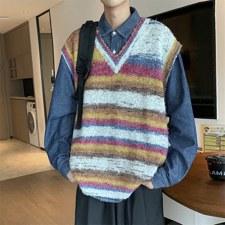 港风秋款男V领套头毛衣条纹针织衫无袖背心渐变外套M3121P55,男装针织衫/毛衣,星座1013-1