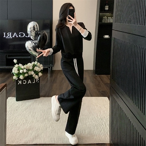 韩系潮流时尚休闲套装女春高级感气质拼接V领卫衣阔腿裤两件套潮图片