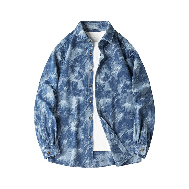 25年春季扎染牛仔衬衫长袖大码宽松落肩现货DS-C323-1-G653-P48，男装衬衫，电商C323-1